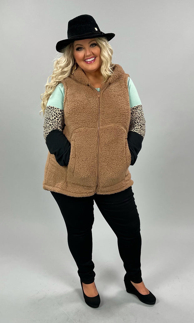 63 OT-S  {Looking For Fun} Almond Sherpa Hooded Vest PLUS SIZE 1X 2X 3X