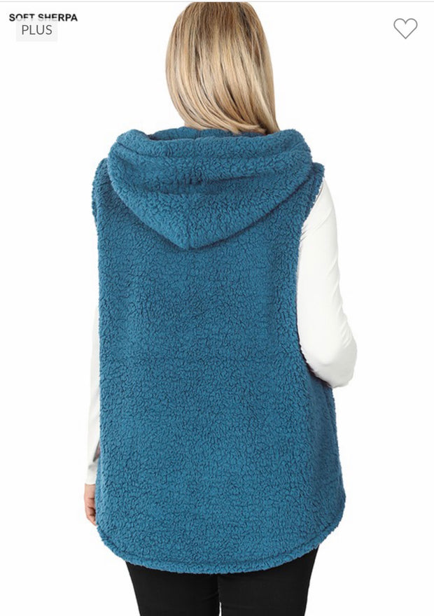 39 OT-X {Looking For Fun} Teal Sherpa Hooded Vest  PLUS SIZE 1X 2X 3X