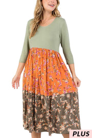 SALE!! LD-M {Garden Date} Rust/Olive Floral Tiered Dress PLUS SIZE 1X 2X 3X