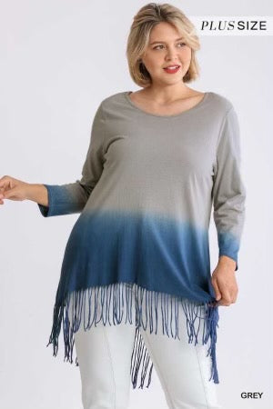 57  PQ-Y {Fringe Says It All} UMGEE Blue/Gray  Ombre Tunic PLUS SIZE XL 1X 2X