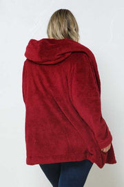 SALE! 35 OT-E {Cozy Vibes} Burgundy Plush Cardigan W/Hood PLUS SIZE 1X 2X 3X