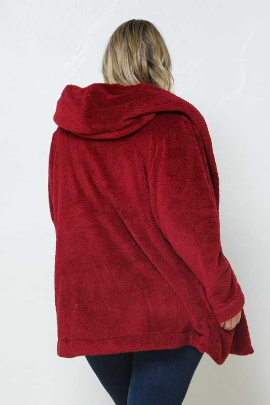 SALE! 35 OT-E {Cozy Vibes} Burgundy Plush Cardigan W/Hood PLUS SIZE 1X 2X 3X