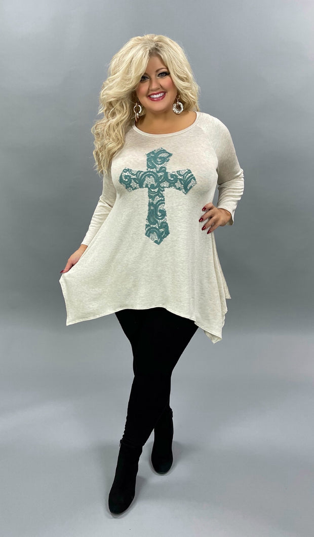 29  GT-D {Don't Cross Me} Oatmeal Blue Cross Detail Top  PLUS SIZE XL 2X 3X