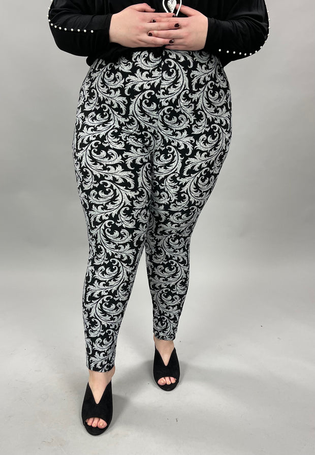 BT-99 {Glance Of Elegance} Black/Gray Print Leggings EXTENDED PLUS SIZE 3X/5X