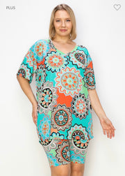 SALE!! 36 SET-A {Bold Opinions} Mint Mandala Print Short Set  PLUS SIZE XL 2X 3X 4X 5X