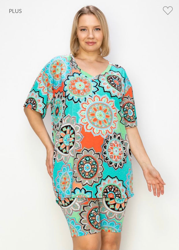 SALE!! 36 SET-A {Bold Opinions} Mint Mandala Print Short Set  PLUS SIZE XL 2X 3X 4X 5X