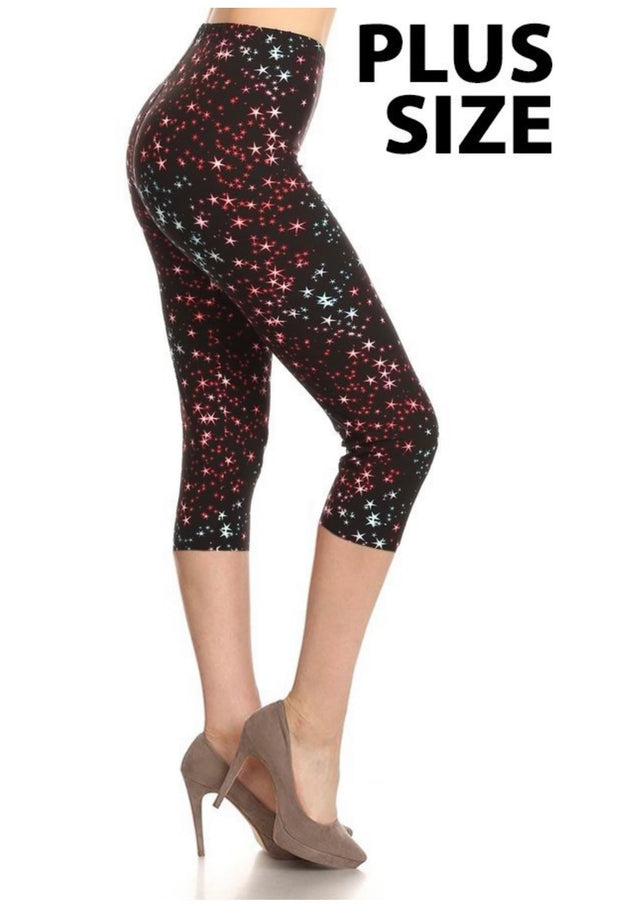 LEG-6 {Move To The Beat) Black Star Butter Soft  Capri Leggings Plus Size