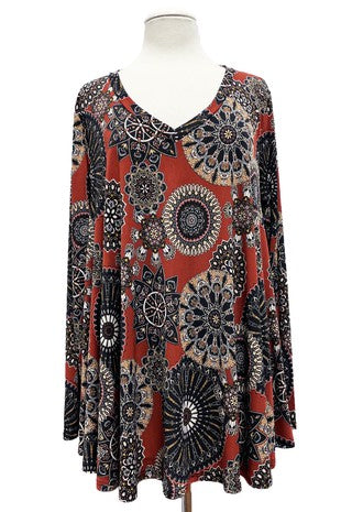 25 PLS {Cutest Catch} Rust Mandala Print V-Neck Top PLUS SIZE XL 2X 3X