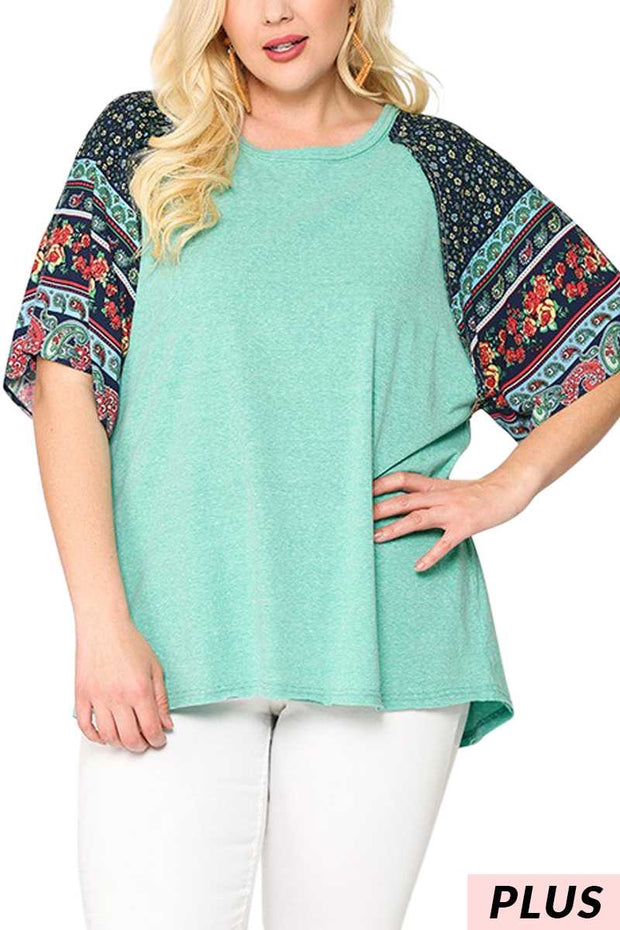 SALE!! 54 CP-A {Aqua Garden} Aqua Tunic w Floral Sleeves Plus Size XL 2X 3X