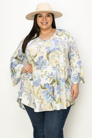 74 PQ {Charming Florals} Ivory/Blue Floral V-Neck Top EXTENDED PLUS SIZE 3X 4X 5X