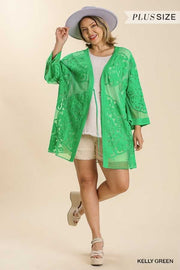 58 OT-T {Never Miss A Beat} "Umgee" Kelly Green Lace Kimono PLUS SIZE XL 1X 2X