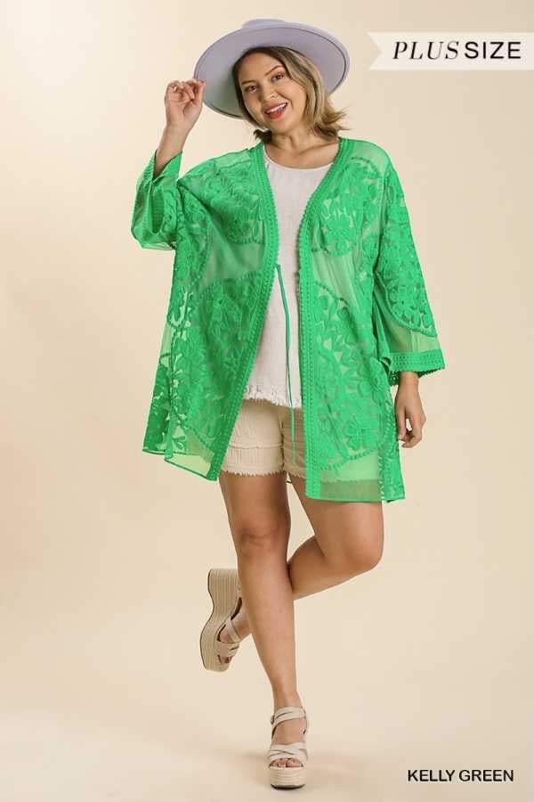 58 OT-T {Never Miss A Beat} "Umgee" Kelly Green Lace Kimono PLUS SIZE XL 1X 2X