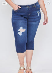 LEG-71  {Royalty For Me} Dark Indigo Ripped Capri Jeans EXTENDED PLUS SIZE 14 16 18 20 22 24