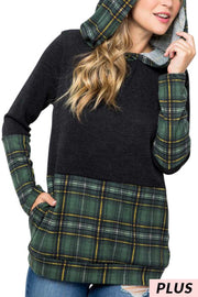 SALE! 23 HD-E  {Having A Good Time}  Black With Green Plaid  Hoodie PLUS SIZE XL 2X 3X