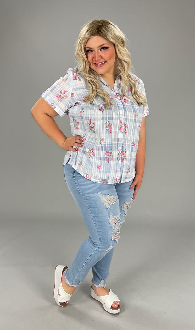 SALE!! PSS-A  M-109 {Karen Scott} Blue Posey Plaid Cotton Top Retail $46.50