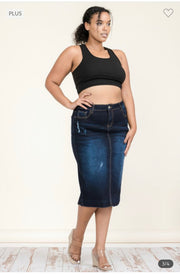 BT-99 {Lighten The Mood} Dk   Indigo Denim Distressed Skirt