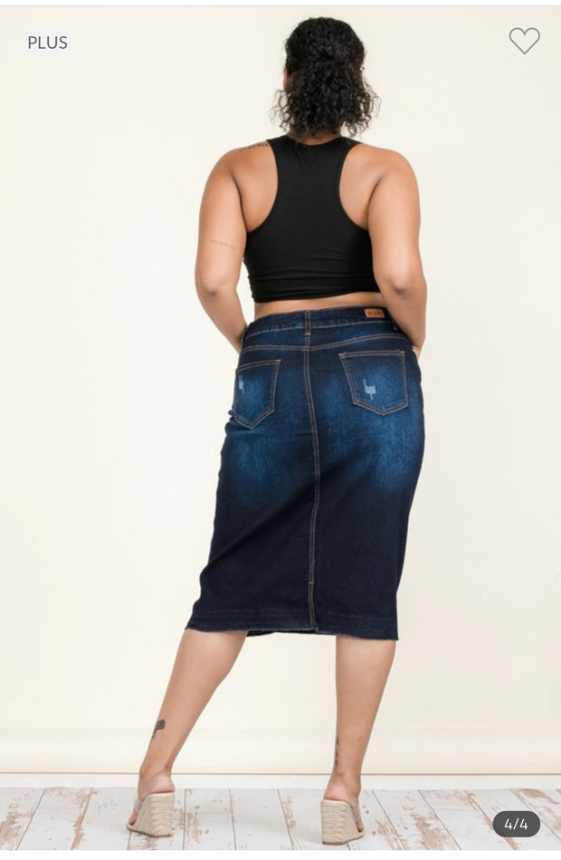 BT-99 {Lighten The Mood} Dk   Indigo Denim Distressed Skirt