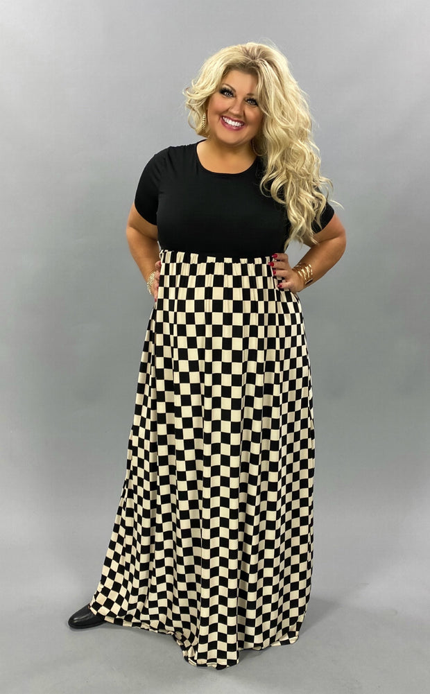 SALE!! LD-C {Checker Board} Black/Cream Checkered Print Maxi Dress PLUS SIZE 1X 2X 3X