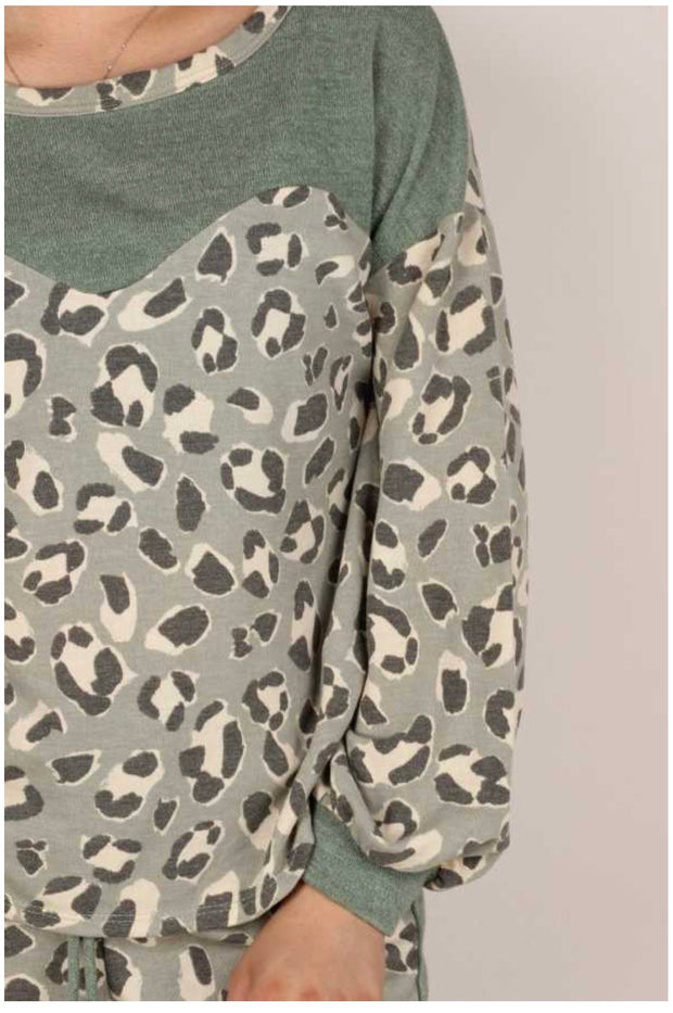 SALE!! SET-A {Dressed To Chill}  Sage Leopard Contrast Lounge Set PLUS SIZE XL 2X 3X