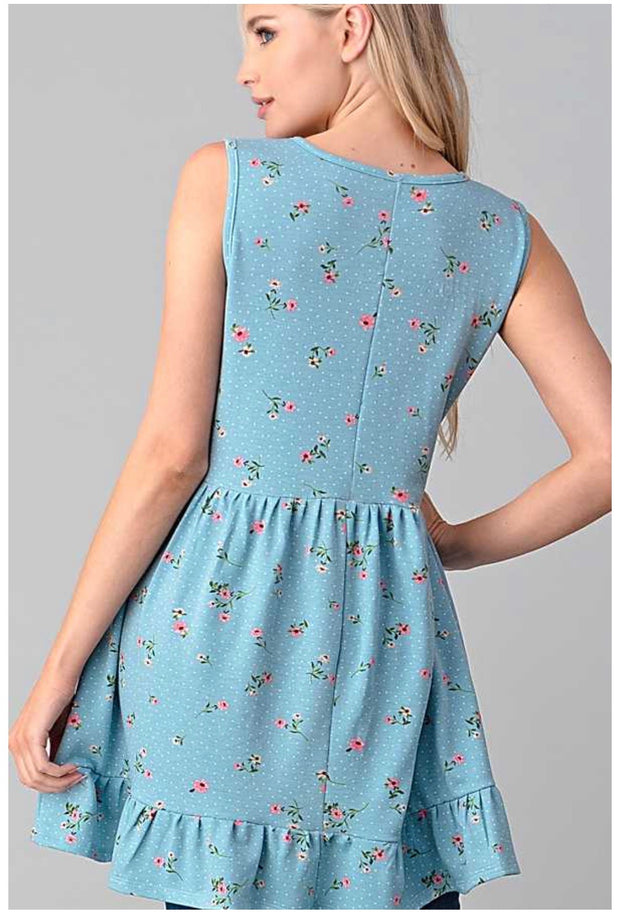 SALE!! SV-M {Little Details} Blue Sleeveless Tunic Floral & Dot Details PLUS SIZE 1X 2X 3X