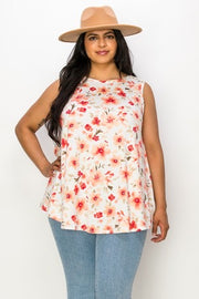 SALE!! 24 SV-G {Happiness In The Flower} Ivory Floral Sleeveless Top PLUS SIZE XL 2X 3X