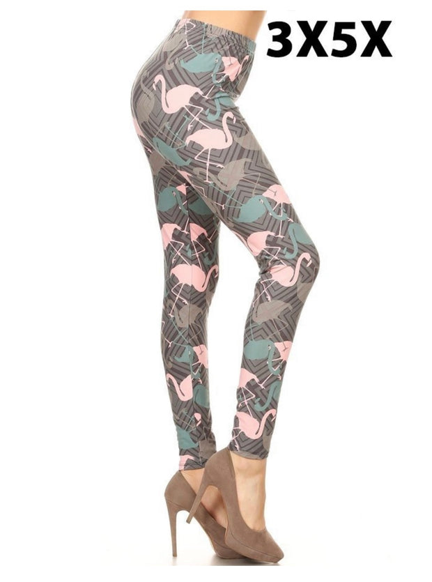 LEG-17 {One Leg Up} Gray Flamingo Print Leggings  EXTENDED PLUS SIZE 3X/5X