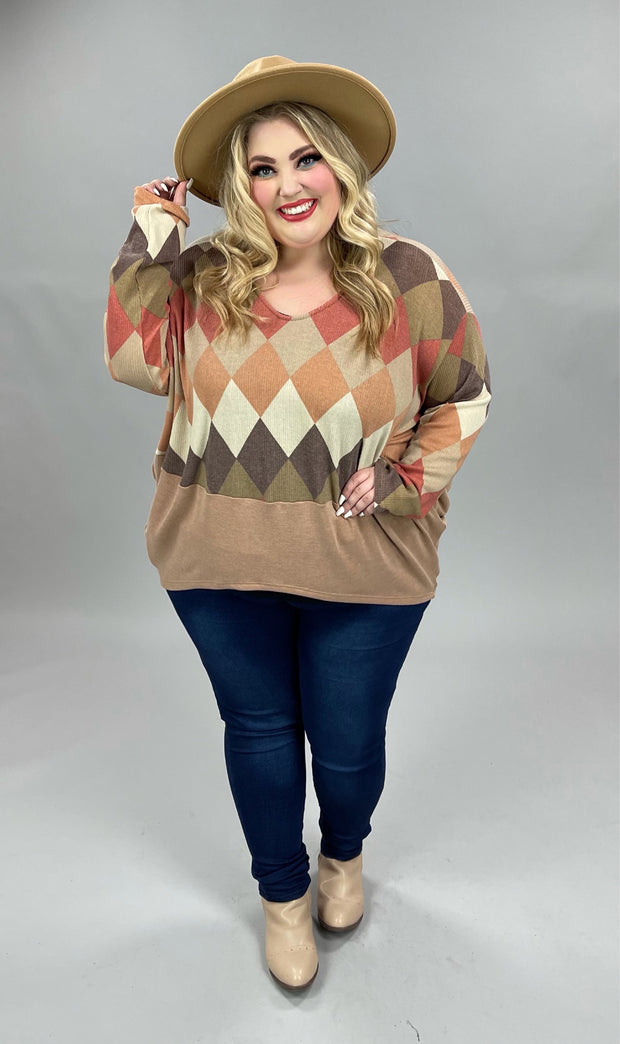 SALE!! 78 CP-A {Put To The Test} SALE!!! Camel Harlequin Print Top PLUS SIZE 1X 2X 3X