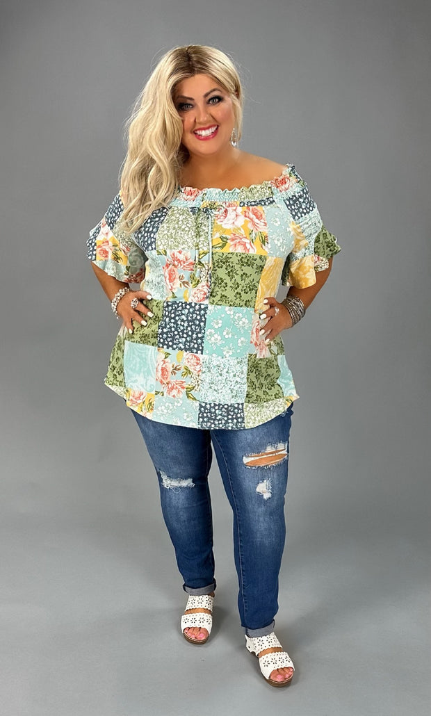 52 PSS-A {Anticipating Love} Multi-Color Print  Smocked Neck Top PLUS SIZE XL 2X 3X