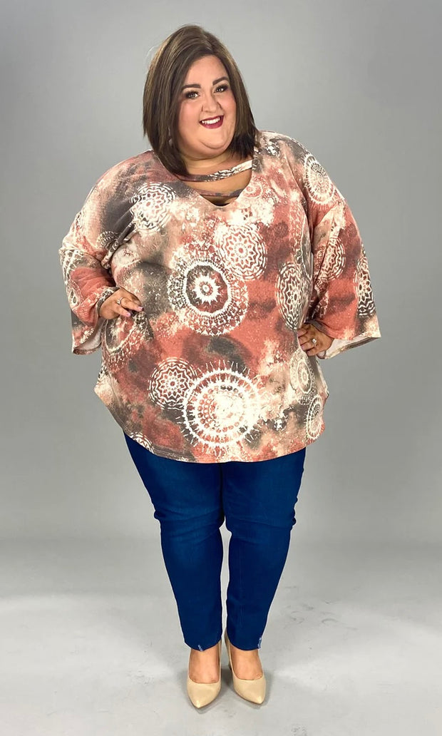 93 PLS-B {Curvy Distraction} Rust Print Top W/Neck Detail EXTENDED PLUS SIZE 3X 4X 5X 6X