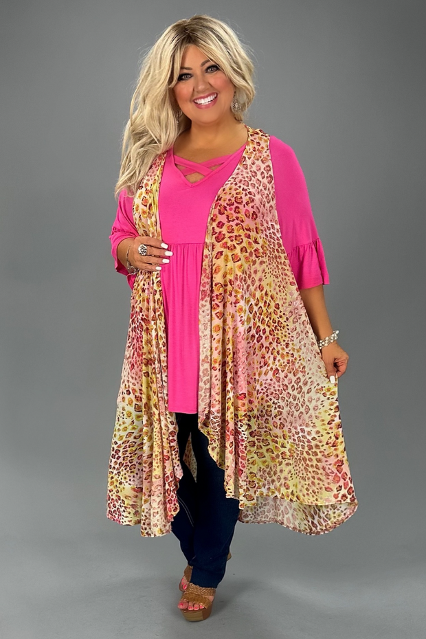 25 OT-L {Everyone Wants This} Yellow/Red Leopard Long Vest PLUS SIZE 3X