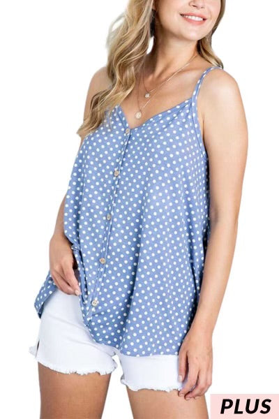 12 SV-D {You First} Denim Polka Dot Sleeveless Tank PLUS SIZE 1X 2X 3X