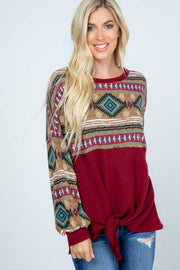 25 CP {The Desert Calls} Burgundy Tribal Print Front Tie Top PLUS SIZE XL 2X 3X