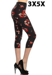 SALE!! LEG-44 {Seeing Red} Red Floral Printed Butter Soft Capri Leggings EXTENDED PLUS SIZE 3X/5X