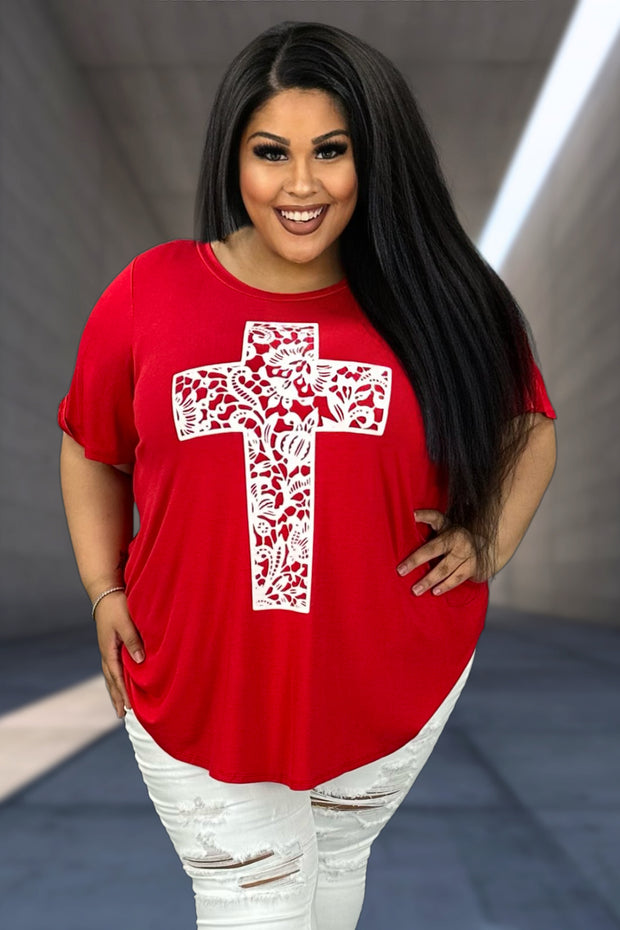 98 GT-B {In The Cross Is Life} Red Tunic w/Ivory Cross CURVY BRAND!!!  EXTENDED PLUS SIZE XL 2X 3X 4X 5X 6X (May Size Down 1 Size)