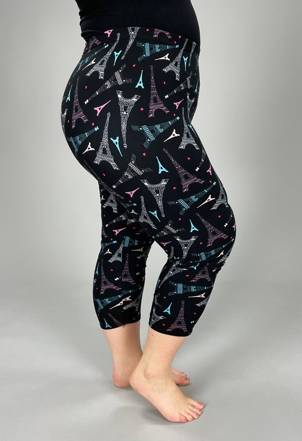 BT-99  {Let Me Go} Eiffel Tower Print Butter Soft Capri Leggings EXTENDED PLUS SIZE 3X-5X