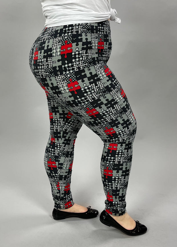 LEG-34 {Puzzled} Gray/Red Puzzle Print Leggings EXTENDED PLUS SIZE 3X/5X