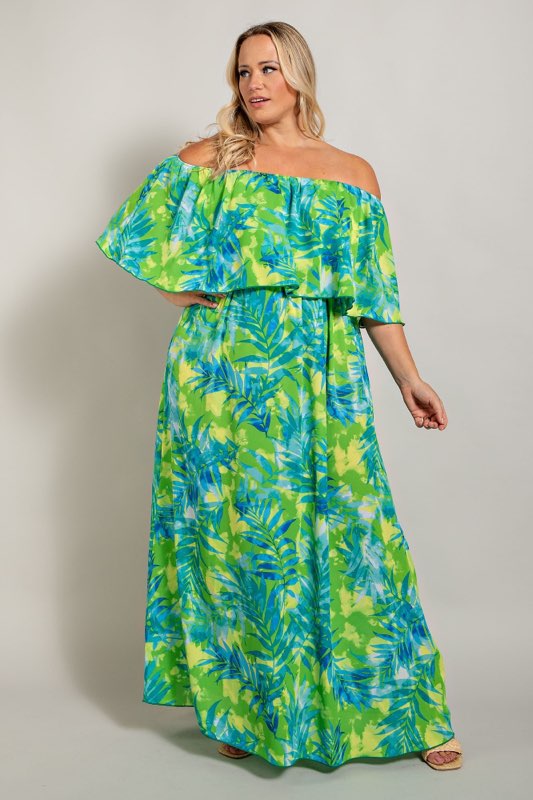 SALE!! LD-B {Waiting On Love} Green/Blue Leaf Print Maxi Dress PLUS SIZE 1X 2X 3X