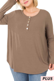 25  SLS {Take Your Turn} Mocha Long Sleeve Top w/Buttons  PLUS SIZE 1X 2X 3X