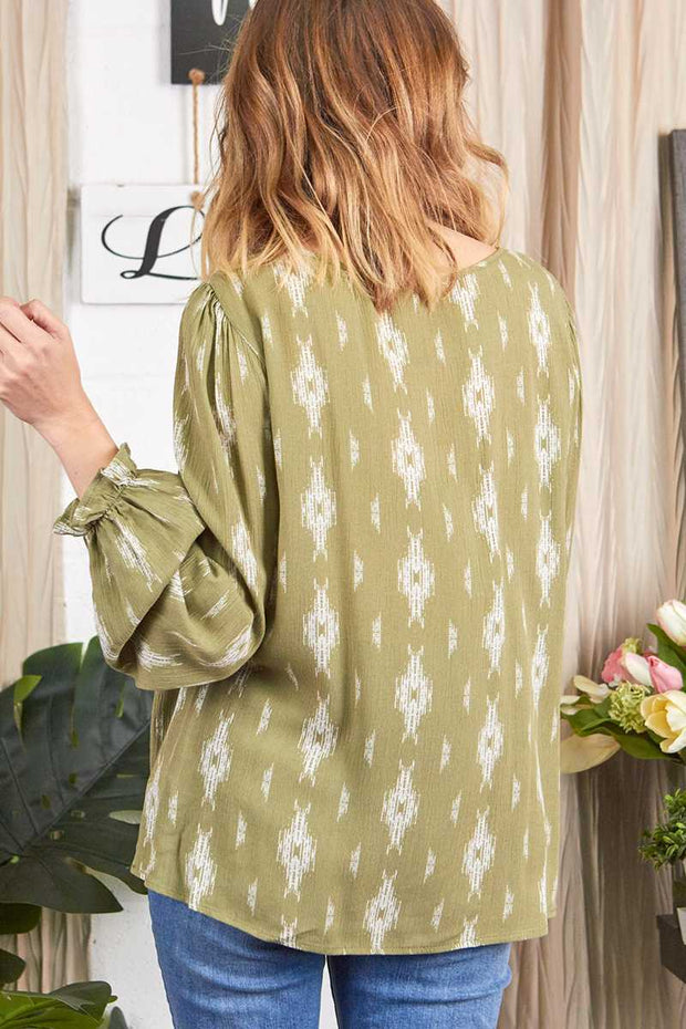 28 PLS {Let's Talk} Olive Print Square Smocked Neck Top PLUS SIZE XL 2X 3X