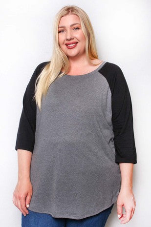 SALE!! 25 CP {Take Me Out} Heather Grey/Black Raglan Sleeve Top PLUS SIZE 1X  2X 3X