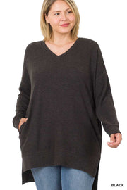 56 SLS-H {Cozy Nights} Black V-Neck Long Sleeve Top PLUS SIZE 1X 2X 3X