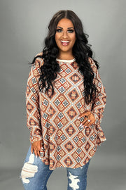 26 PLS {Favorite Day} Rust/Navy Print Long Sleeve Top PLUS SIZE XL 2X 3X