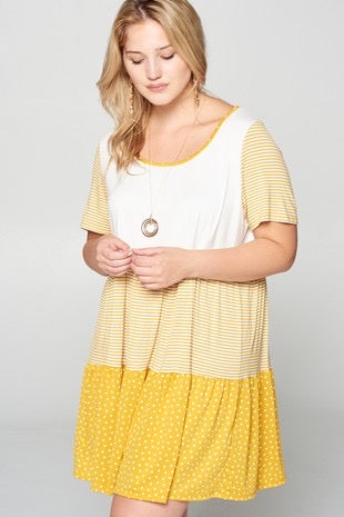 SALE!! 95 CP-Y {Best Weather Ever} Mustard Stripe Polka Dot Dress PLUS SIZE 1X 2X 3X