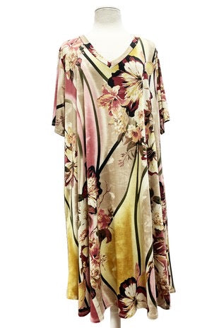 SALE!! 15 PSS-F {Show The World} Taupe/Pink Floral V-Neck Dress EXTENDED PLUS SIZE 3X 4X 5X