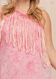 87 OS-A {Honey Punch}  Washed Fuchsia Double Fringed Top PLUS SIZE 1X 2X 3X