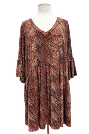 SALE!! 41 PQ {Better Than Fiction} Rust Print Babydoll V-Neck Top EXTENDED PLUS SIZE 3X 4X 5X