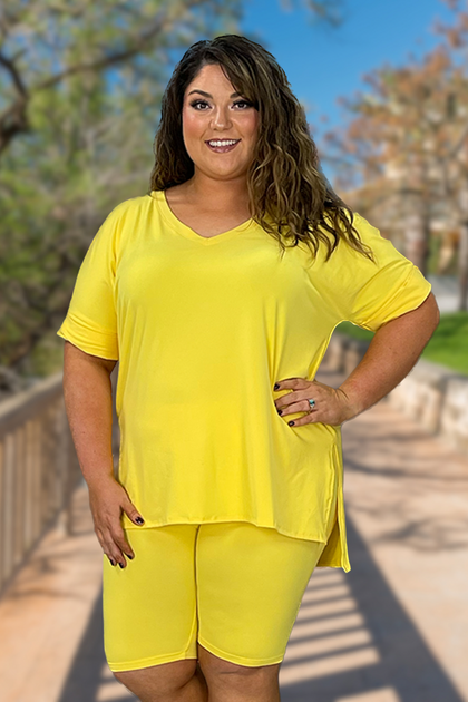 53 SET-X {Set The Curvy} Yellow V-Neck Short Set PLUS SIZE 1X 2X 3X ...