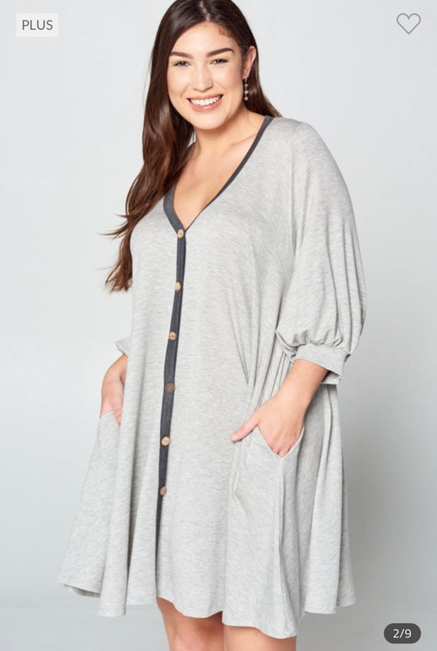 SALE!! 64 SQ-N {Totally Worth It} Gray Lounge Dress with Buttons PLUS SIZE 1X 2X 3X