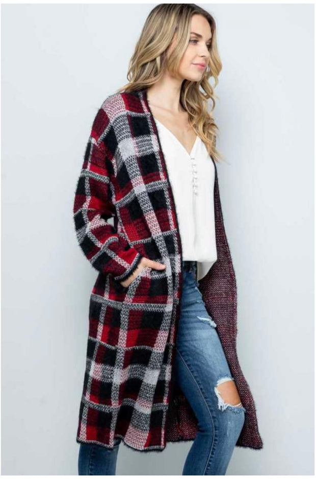 SALE!! 93 OT-D {Feel The Chill} Red/Black Plaid Long Cardigan  PLUS SIZE 1X/2X  2X/3X