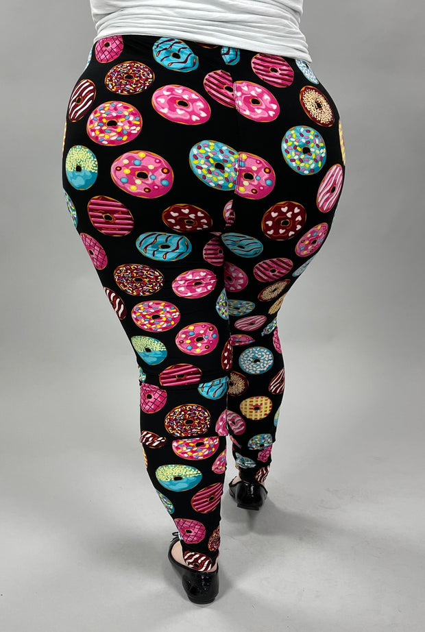 LEG-28 {Donut Shop}  Donut Printed Black Leggings  EXTENDED PLUS SIZE 3X/5X